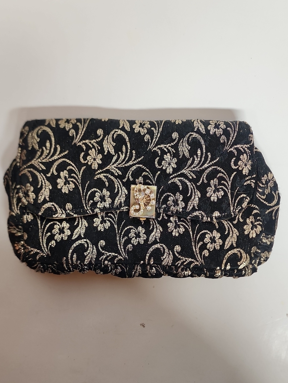 Bags By GARAY Vintage Elegant Black&Gold Floral Belt Loop Clutch Ren Faire Royal
